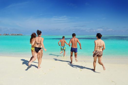 group of happy young people have fun and joy at the  white sand  beach on beautiful summer  day