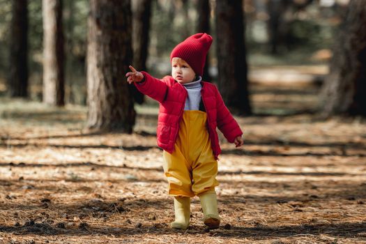 Little cute child girl walking in the autumn forest. and show direction with her finger Cute female kid wearing red hat happy at nature outdoors