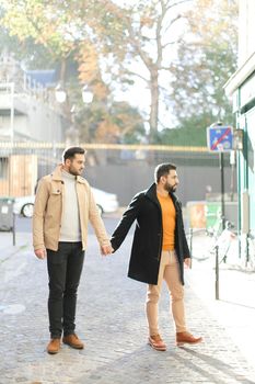 Gays standing and holding hands in city. Concept of same sex couple and lgbt.