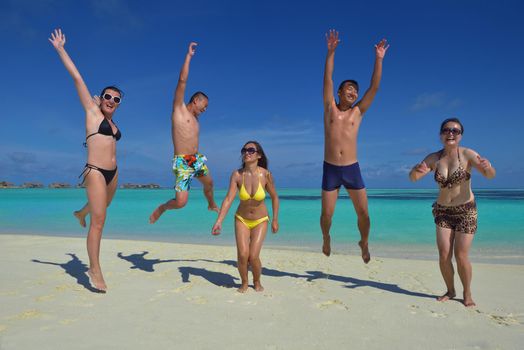 group of happy young people have fun and joy at the  white sand  beach on beautiful summer  day