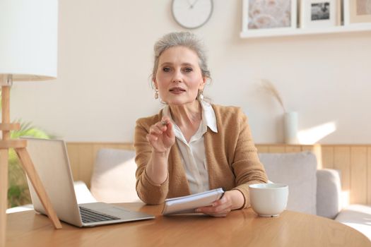 Portait of smiling beautiful middle aged woman looking at camera, making video call, job interview or online dating