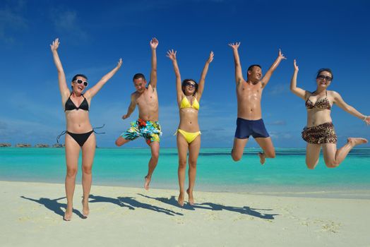 group of happy young people have fun and joy at the  white sand  beach on beautiful summer  day