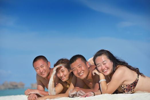 group of happy young people have fun and joy at the  white sand  beach on beautiful summer  day