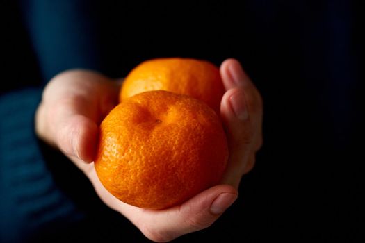 Close-up of woman's hand holding two whole bright citrus fruit tangerine on dark background. Lifestyle, natural light from window. Vitamins