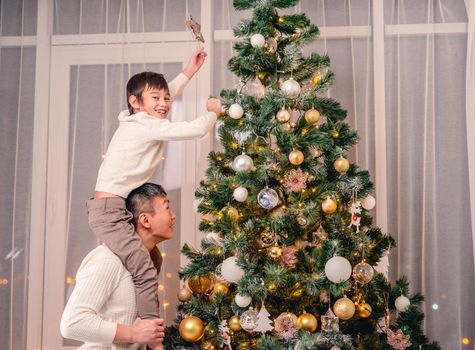 Little son and father putting top star on christmas tree at home