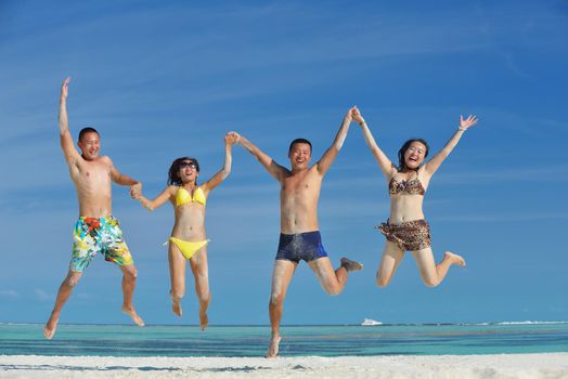 group of happy young people have fun and joy at the  white sand  beach on beautiful summer  day