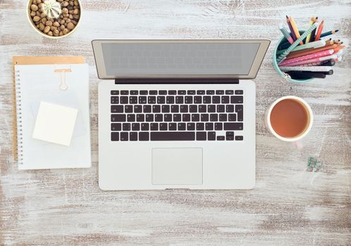 Work from home, online shopping, learning. Top view. Distance education. Desk, laptop. Freelancer, Digital nomad concept