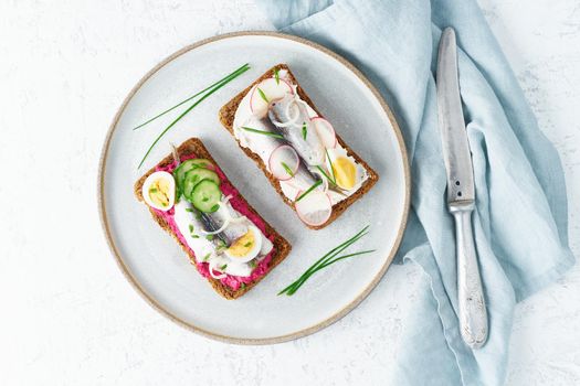 Savory smorrebrod, two traditional Danish sandwiches. Black rye bread with anchovy, beetroot, radish, eggs, cream cheese on grey plate on a white stone table