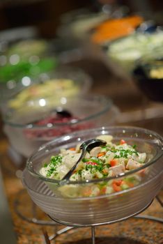 catering buffet food indoor in luxury restaurant with meat colorful fruits  and vegetables