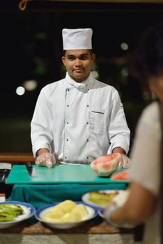 catering buffet food indoor in luxury restaurant with meat colorful fruits  and vegetables