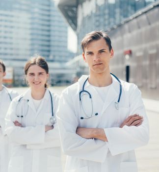 close up. group of medical professionals standing on a city street. concept of health protection.