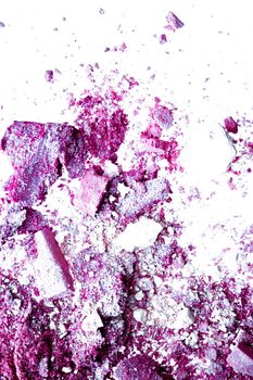 Powder cosmetics, mineral organic eyeshadow, blush or crushed cosmetic product isolated on white background, makeup and beauty banner, flatlay design.