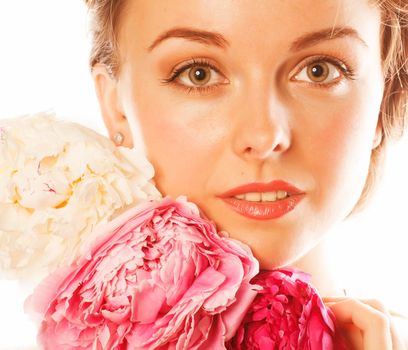 young beauty woman with flower peony pink closeup makeup soft tender gentle look on white