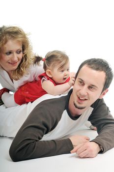 young happy family with beautiful baby playing and smile  isolated on white