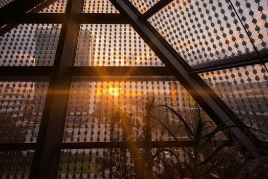 sunset or sunrise above the city through a glass roof in a modern building