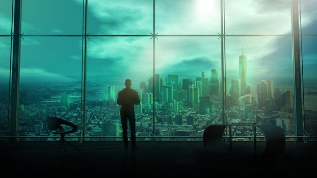 A silhouette of a businessman is looking out of the window of his large office with a view of the city skyscrapers. 3D render.