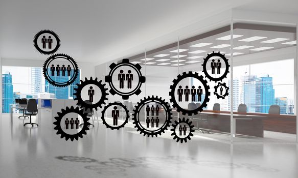 Cogwheels and gears mechanism as social communication concept in office interior. 3D rendering