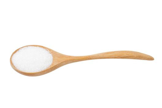 Monosodium glutamate in wooden spoon isolated on white background, Save clipping path.