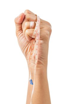 Woman hand holding measuring tape isolated on white background, Save clipping path. Intentional weight loss concept.