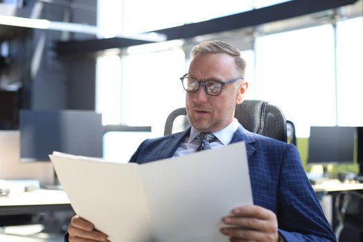 Successful mature entrepreneur is studying documents with attentive and concentrated look