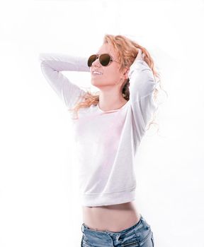 portrait of a dreaming pretty girl in sunglasses. isolated on white