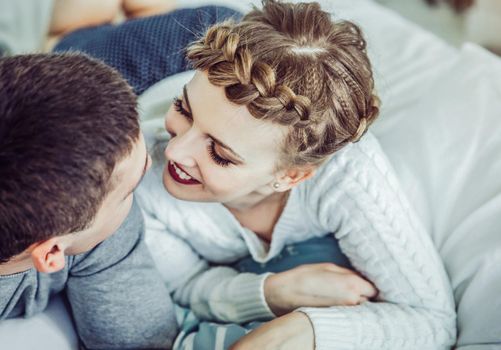 close-up of a happy loving couple on the couch