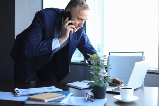 Middle aged businessman with laptop talking on telephone in modern office