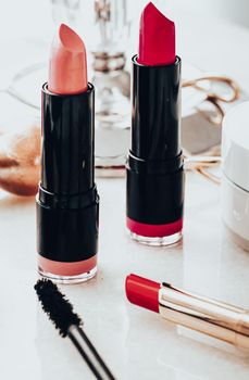 Beauty products and decorative cosmetics concept. Modern luxury make-up on vanity table as beauty blog background.