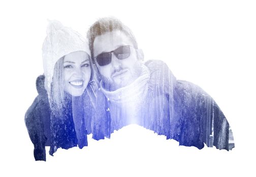 Double exposure of couple photo love in winter on forest background
