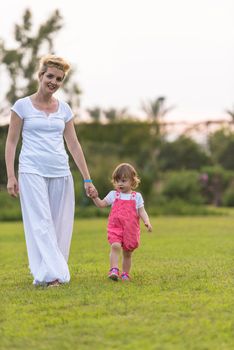 Young Mother and cute little daughter enjoying free time playing outside at backyard on the grass, happy family in nature concept