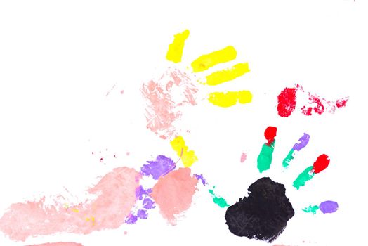 child colorful hands and foots print on white background