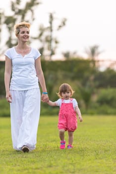 Young Mother and cute little daughter enjoying free time playing outside at backyard on the grass, happy family in nature concept