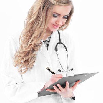 doctor girl with folder and phonendoscope. isolated on white background