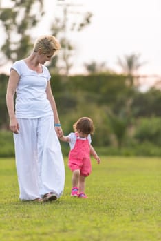 Young Mother and cute little daughter enjoying free time playing outside at backyard on the grass, happy family in nature concept