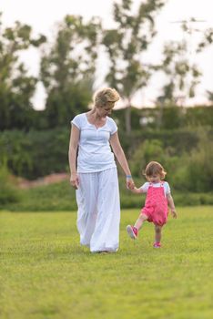 Young Mother and cute little daughter enjoying free time playing outside at backyard on the grass, happy family in nature concept