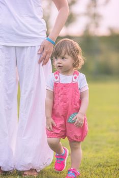 Young Mother and cute little daughter enjoying free time playing outside at backyard on the grass, happy family in nature concept