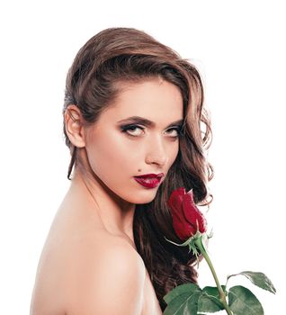 portrait of glamorous woman with red rose . isolated on white background