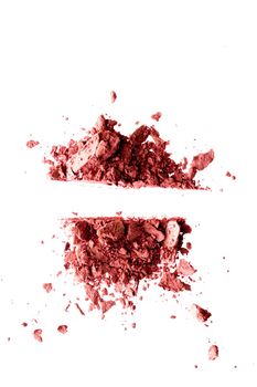 Powder cosmetics, mineral organic eyeshadow, blush or crushed cosmetic product isolated on white background, makeup and beauty banner, flatlay design.