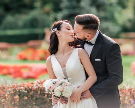 portrait of happy bride and groom on their wedding day. photo with copy space