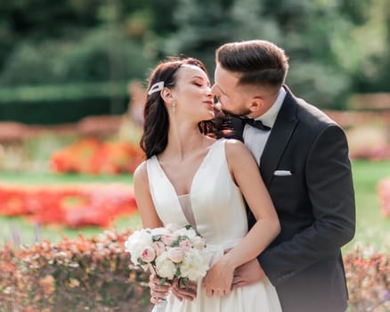 portrait of happy bride and groom on their wedding day. photo with copy space