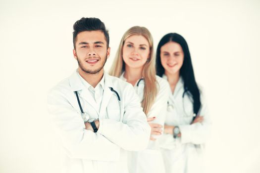 Portrait of group of smiling hospital colleagues standing together