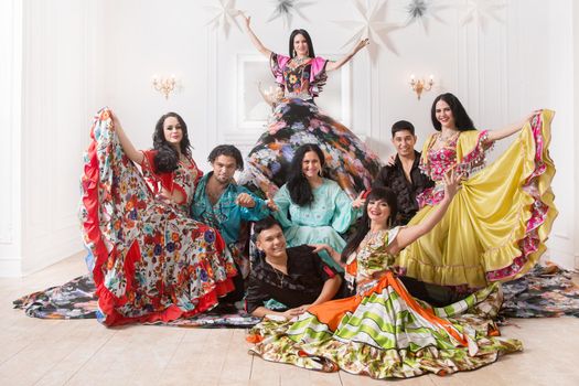 portrait of a Gypsy dance ensemble on stage. photo with copy space