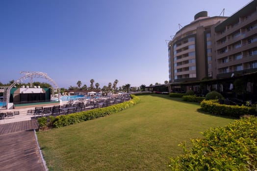 Beautiful tropical swimming pool in hotel resort for travel and vacation