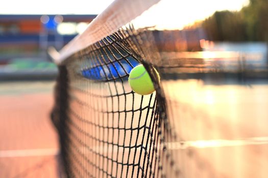 Bright greenish yellow tennis ball hitting the net