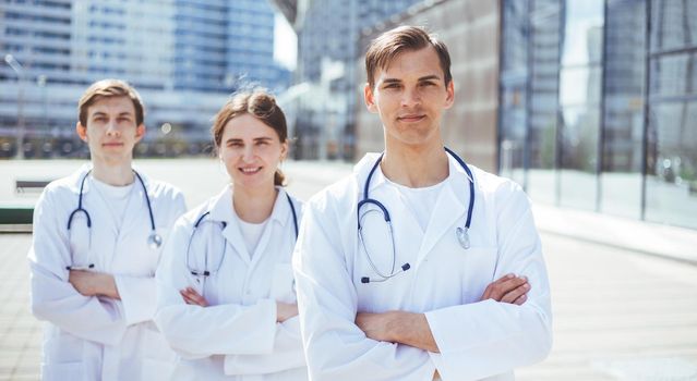 close up. group of medical professionals standing on a city street. concept of health protection.