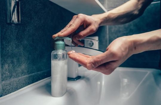 close up. person uses a bactericidal soap. concept of prevention of infectious diseases.