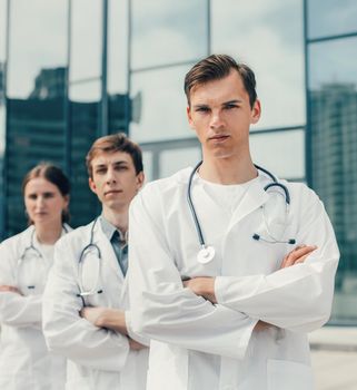 close up. team of doctors standing on a city street. photo with a copy-space.