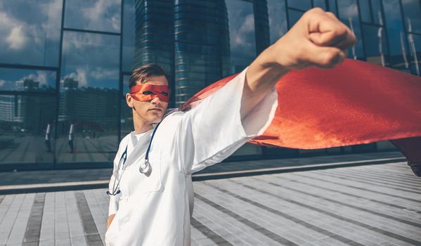 close up. doctor superhero rushes to the rescue. photo with a copy-space.