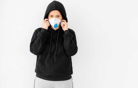 Girl in face mask with filter isolated on white background