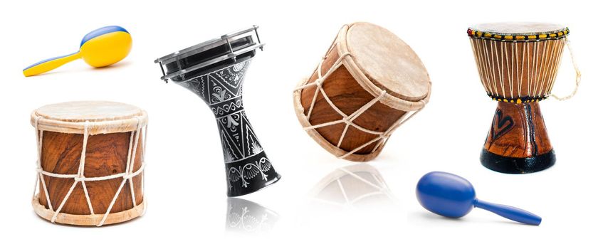 Variety of musical drums and colorful maracas